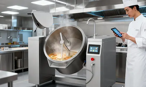 Industrial tilting mixer kettles for large-scale food preparation, offered by reliable commercial catering equipment suppliers